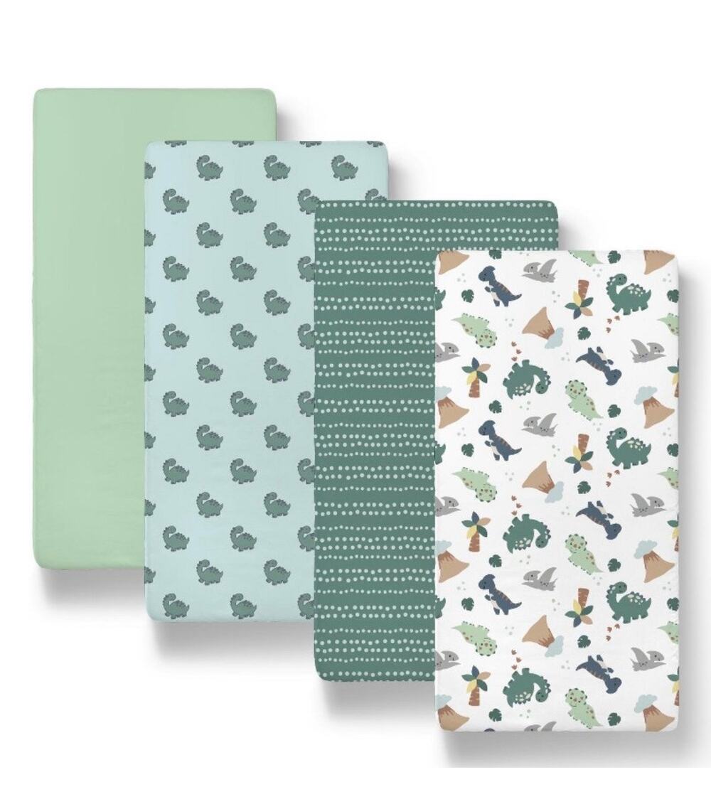 NEW! The Peanutshell Green Dino 4PC Playard Sheet Set